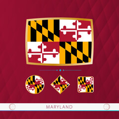 Set of Maryland flags with gold frame for use at sporting events on a burgundy abstract background.