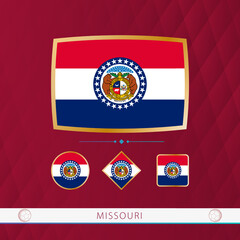 Set of Missouri flags with gold frame for use at sporting events on a burgundy abstract background.