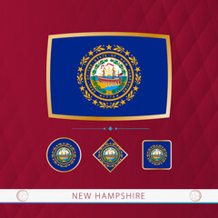 Set of New Hampshire flags with gold frame for use at sporting events on a burgundy abstract background.