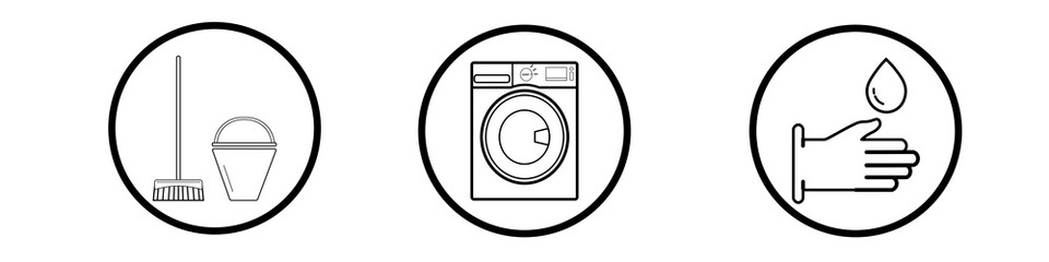 Cleaning line icons, laundry icons, washing machine, cleaning and cleaning equipment, washing the floor, hand washing.