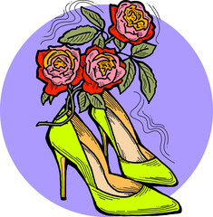 Beautiful vector composition. High heels shoes decorated with rose flowers. Wedding style invitation, fashion poster, postcard print, shoe shop logo design, shopping sale promotion. Hand drawing.