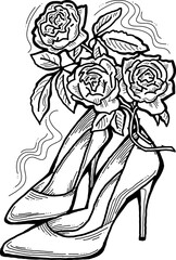 Beautiful vector composition. High heels shoes decorated with rose flowers. Wedding style invitation, fashion poster, postcard print, shoe shop logo design, shopping sale promotion. Hand drawing.
