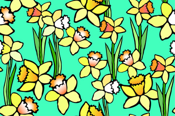 Fototapeta na wymiar Seamless pattern with narcissus flowers on green background. Early spring plant. Yellow flowers with a long trumpet and petals. Hand drawn vector illustration