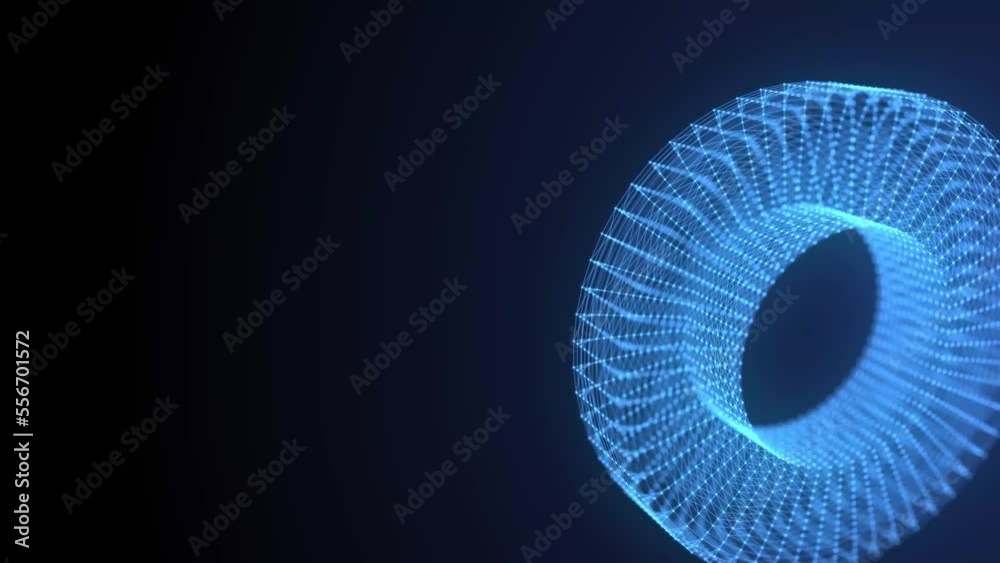 Poster animation of blue abstract lines and dots turning into a rotating geometric shape. network connectio