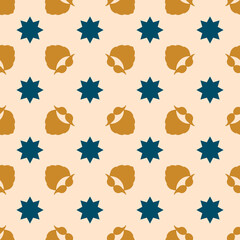 Christmas pattern. Vector seamless background with a beard, mustache, and stars. Festive design for poster backdrop, gift wrappers, textiles, and fabric. Gold and blue elements on the cream color.
