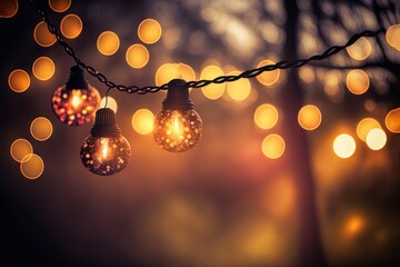 illustration abstract background of glitter glow fairy lights, string lights with bokeh	
