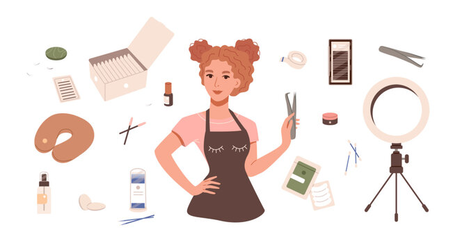 Set of lashmaker tools for eyelash extensions. Vector collection of professional lash master equipment for salon beauty procedure. Volume bunches, tweezers, artificial lashes and other icons for eyes