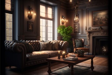 Vintage luxury living room interior design with retro style furniture, wallpaper and accessories in a beautiful trendy scene of classic Victorian style