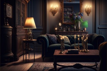 Vintage luxury living room interior design with retro style furniture, wallpaper and accessories in a beautiful trendy scene of classic Victorian style