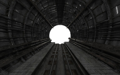 empty underground subway tunnel on white background - obrazy, fototapety, plakaty