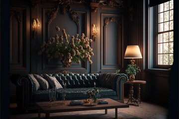 Vintage luxury living room interior design with retro style furniture, wallpaper and accessories in a beautiful trendy scene of classic Victorian style