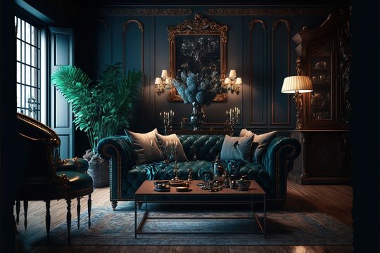Fototapeta Vintage luxury living room interior design with retro style furniture, wallpaper and accessories in a beautiful trendy scene of classic Victorian style