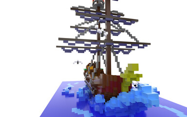 voxel boat made in cubes in water on a white background
