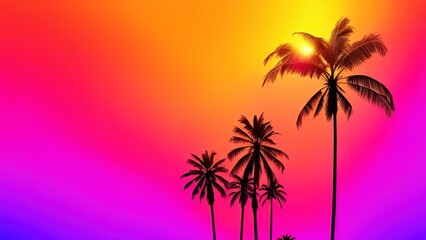 Dark palm trees silhouettes on colorful tropical ocean sunset background.