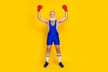 Fototapeta na wymiar Photo of serious powerful confident masculine man raise hand gloves show biceps triceps win contest isolated on yellow color background