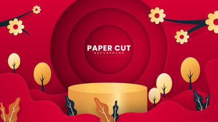 Red paper cut background with podium object. Paper cut style background with tree and flower ornament. Suitable for banners, posters, flyers, brochures or presentation backgrounds