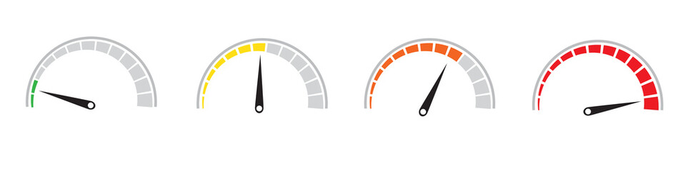 Speedometer icon set. Customer satisfaction indicator level. Risk level gauge. Info-graphic gauge Colorful info-graphic speedometer icon set. Productivity meter. Info-graphic icons set. Vector. EPS 10 - obrazy, fototapety, plakaty