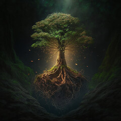 Ai generated magic tree in the middle of a majestic forest. Created using ai generative. 