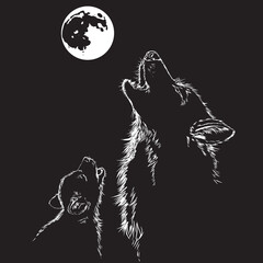 Wolf and puppy howling at the moon. Black and white drawing