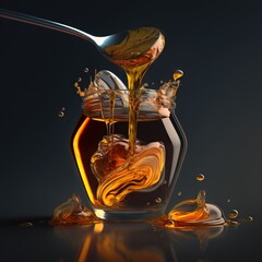a spoon pouring honey into a jar of liquid with a spoon in it and a splash of honey on the ground.