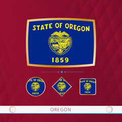 Naklejka premium Set of Oregon flags with gold frame for use at sporting events on a burgundy abstract background.
