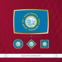 Set of South Dakota flags with gold frame for use at sporting events on a burgundy abstract background.