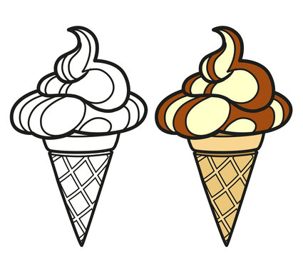 Ice cream in  in a waffle cone coloring page on white background