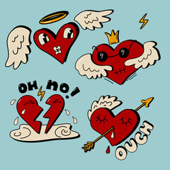 Anti-Valentine's Day set. Broken heart, wounded heart clip. Vector illustration cartoon.