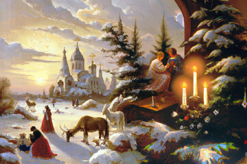 Orthodox Christmas scene in front of an Orthodox Church. Orthodox Christmas postcard with Christmas decorations and a celebrating couple. The scene is floating from an indoor atmosphere into  nature.