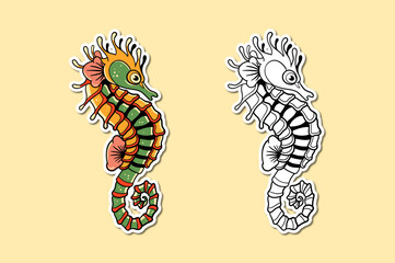Sticker illustration of a seahorse traditional tattoo design