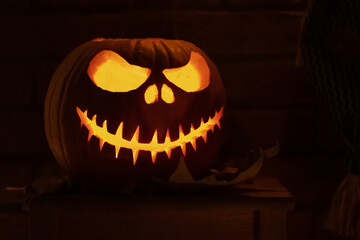 Spooky Halloween pumpkin, Jack O Lantern with Jack Skeletron from the movie The Nightmare Before...