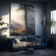 a living room with a couch and a painting on the wall above it and a table with a vase on it.