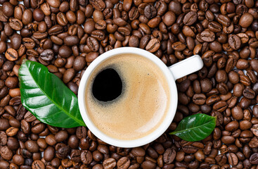 Cup of coffee with foam, delicious aroma coffee. Coffee cup and leaves on coffee beans background. Top view