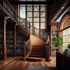 a room with a staircase and a bookcase full of books and a plant in the corner of the room.