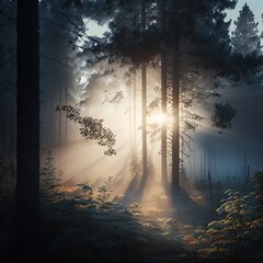 a forest with a sunbeam in the middle of it and fog in the air and trees in the foreground.