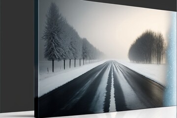 a painting of a road in the snow with trees in the background and a blue border around the picture.