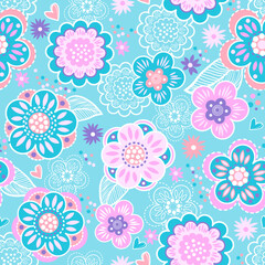Fototapeta na wymiar Vector seamless geometric cute pattern with flowers. Background for girls