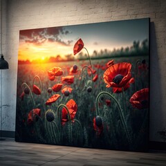 a large picture of a field of red flowers with the sun setting in the background and a brick wall.
