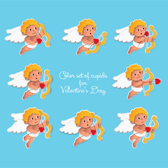 Color set of cupids for Valentine's Day. Funny stickers with different emotions.