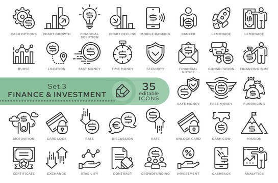 Set of conceptual icons. Vector icons in flat linear style for web sites, applications and other graphic resources. Set from the series - Finance and Investment. Editable outline icon.	