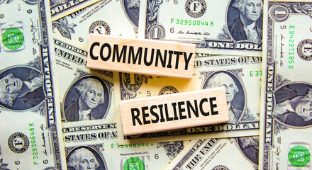 Community resilience symbol. Concept word Community resilience typed on wooden blocks. Beautiful background from dollar bills. Business and community resilience concept. Copy space.