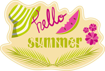 Hello summer patch with beach hat, palm branch, watermelon