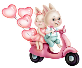 Cute bunnies on a scooter with balloons
