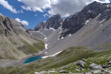 Fototapeta na wymiar View of Mount Oronaye from the Enchiausa valley in the upper Maira valley, Cottian Alps, Italy