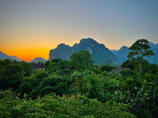 Fototapeta na wymiar Sunset and landscape in Vang Vieng, Laos.