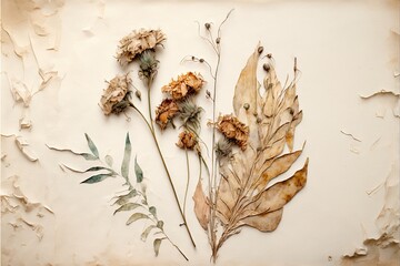 a group of dried flowers sitting on top of a white wall next to a leafy plant stem and a plant stem.