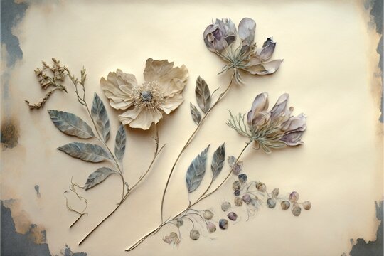 a group of flowers sitting on top of a white surface next to a plant stem and leaves on a piece of paper.