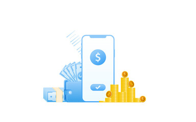 Financial management concept and investment, Flat design of payment and finance with money, cash, banknote, calculator, credit card, pile coins and stack of coins.