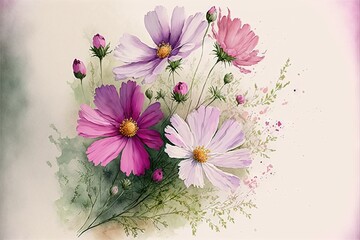 a painting of pink and purple flowers on a white background with a pink border around the flowers and leaves.