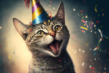 smiling cat with a party hat celebrating at festival event, party time, Portrait, new year eve, funny times,  illustration digital generative ai design art style